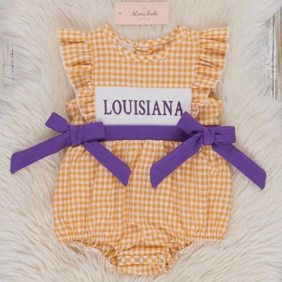 Gingham Print Smocked Louisiana Bubble Onesie with Bows 3-6 months - Picture 1 of 2